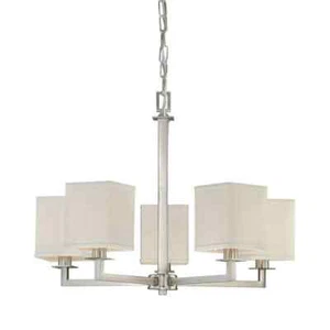 Hampton Bay Menlo Park 5-Light Brushed Nickel Chandelier Cream Fabric Shades - Picture 1 of 4