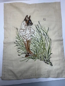 Embroidered Siamese Cat In Grass Butterfly Linen Art 1982 UNFRAMED - Picture 1 of 7