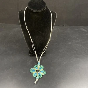 Rags To Riches Hand Made Knotted Cord Necklace Large Flower Beaded Pendant Boho - Bild 1 von 9