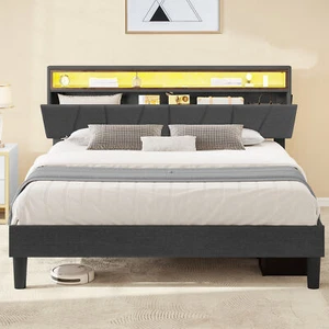 Queen Size LED Bed Frame Storage Upholstered Headboard with Outlet & USB Ports - Picture 1 of 8