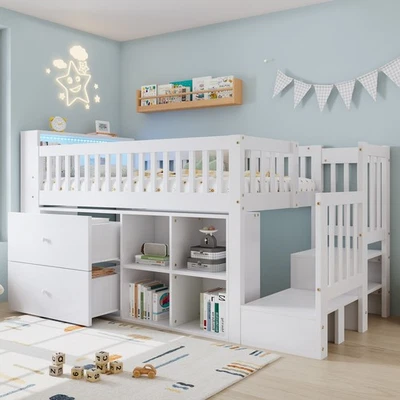 3ft Cabin Bed Mid Sleeper with Stairs, Storage Compartments Kids Children's Bed - Image 1 of 4