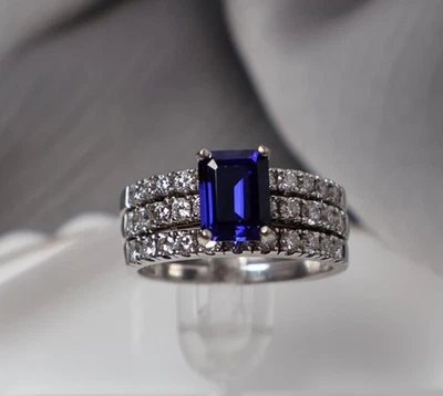 Anillo de compromiso de diamantes y zafiros de oro blanco de 14k 7,9G/talla 7 Foto 1 de 4