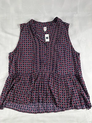 GAP 女式无袖荷叶上衣 XL 红色海军蓝几何图案人造丝衬衫全新带标签 — 第 1/4 张图片
