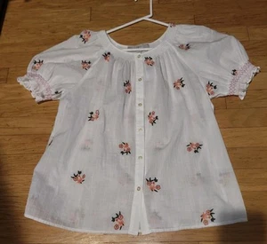 New Loft Bohemian Embroidered Floral Puff Sleeve Peasant Cotton Blouse *szSm - Picture 1 of 9
