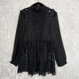 Lg Black Lace Gothic Lolita Mini Dress Laced Grommets Fairy Witch - Picture 1 of 11