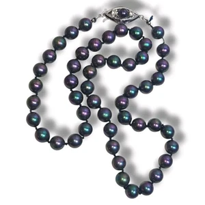 Collar Vintage Imitación Perlas de Tahití Elegante Clase Azul Púrpura Tono Plata 17" - Imagen 1 de 5
