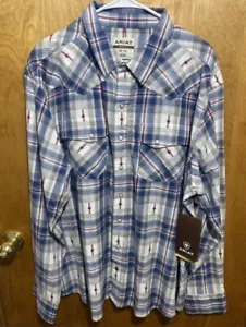 Ariat Shirt Retro Fit Cotton Mens XXL Pearl Snap BLUE PLAID Aztec Wester - Picture 1 of 8