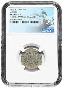 COLONIAL ERA SPAIN. Philip IV, 1621-1665. 4 Maravedis, 1661-Y, NGC XF Details - Picture 1 of 2