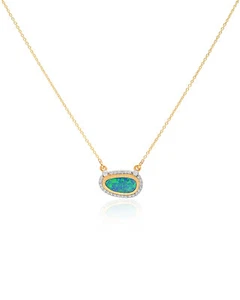 14k Yellow Gold Opal Chain Natural Diamond Engagement Necklace For Women Jewelry - Picture 1 of 9