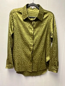 Sweet Genesis M Green Leopard Print Blouse Chiffon Secretary Y2K Retro 80s 90s - Picture 1 of 4