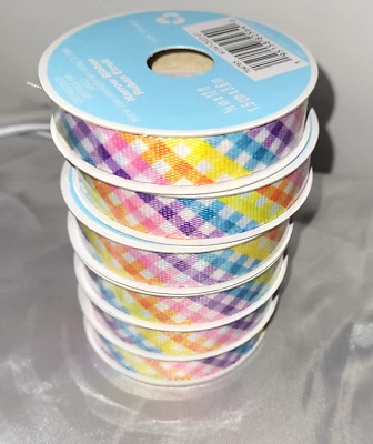 Celebrate It Easter Spring (6) Ribbon Plaid Pink Blue Yellow 5/8in X 3yd NEW - Image 1 of 4