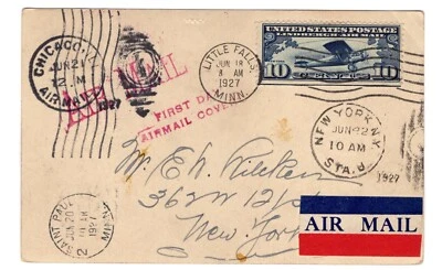 C10 Lindbergh 10c Airmail 1927 FDC Little Falls on Lindy Real Photo Postcard #15 - Image 1 of 2
