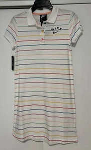 NWT Nike Sportswear Polo Girls sz L Dress White Pink Stripes 100% Cotton - Picture 1 of 5