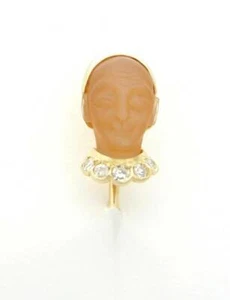 DIAMOND PEACH MOONSTONE CARVED FACE STICK PIN 18K - Picture 1 of 2