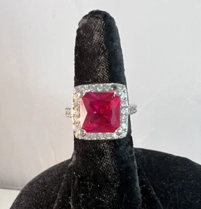 Beautiful Dazzling Silver Tone Ruby Red Square Stone Ring - Picture 1 of 10