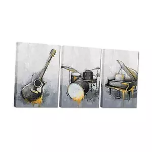 Music Canvas Wall Art Guitar Piano Drum Set Painting Pictures Jazz Artwork - Picture 1 of 7