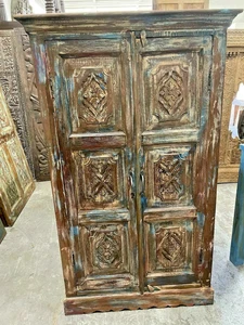 Blue Hues Armoire Reclaimed Wood Storage Cupboard Rustic Carved Cabinet
