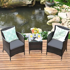 3PCS Patio Rattan Furniture Set Outdoor w/ Cushioned Chairs Coffee Table - Picture 1 of 10