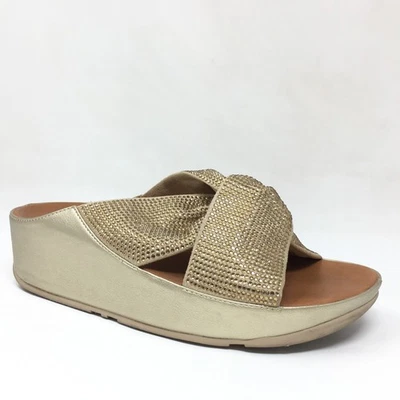 Fitflop Twiss Crystal Flip Flops Sandals Shoes Womens Size 5 Gold Leather Wedge - Image 1 of 4