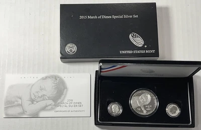 2015 March of Dimes Commemorative Proof Silver 3 Coin Set US Mint Box & COA - Image 1 of 3