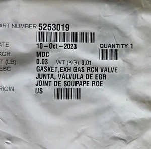 Junta de válvula RCN de gas de escape Cummins 5253019 OEM NOS 5253019 ENVÍO GRATUITO - Imagen 1 de 4