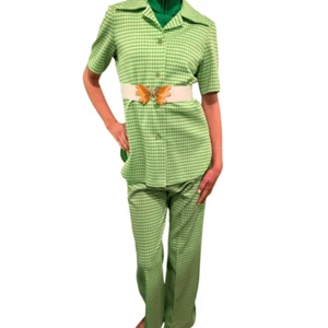 Freizeitanzug Set Damen 70er Vintage 3-teilig Polyester grün & weiß kariert - Bild 1 von 13