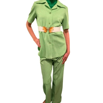 Women's 70s Vintage 3 Piece Polyester Green & White Checkered Leisure Suit Set - Image 1 of 4