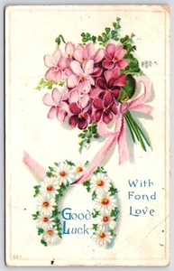 Postcard Good Luck With Fond Love Daisy Horseshoe Bouquet of Violets Embossed - Picture 1 of 2