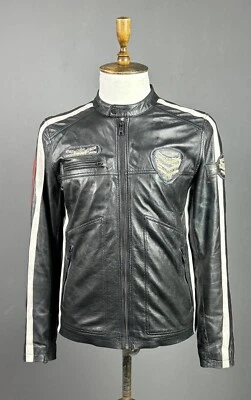 FREAKY NATION FORCE Black Badges Full Zip Aviator Biker Leather Jacket Size M - Image 1 of 4