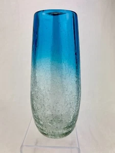 Vintage Ombre Turquoise Blue Crackle Art Glass Bud Vase Hand Blown MCM Decor - Picture 1 of 6