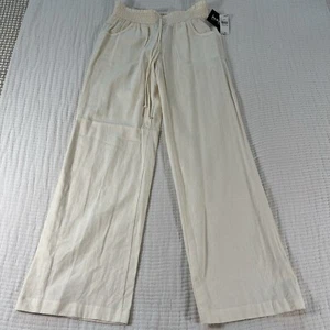 By & By Pants Womens Medium Cream Linen Blend Pull On Wide Boho Lagenlook Beach - Picture 1 of 15