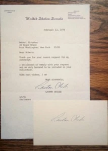 Lawton Chiles Autograph / Signature - Signed Index Card & Senate Letter 1978 - Picture 1 of 1