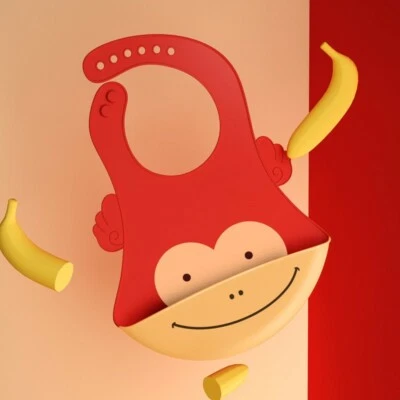 1pc Red Cute Monkey Infant Kid Apron Pick food Pocket Baby Silicone Bibs Feeding - image 1 of 4