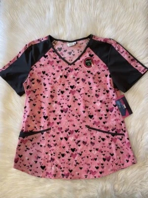 ScrubStar Scrub Top Womens Size Medium Pink Hearts Short Sleeve Shirt - Image 1 of 4