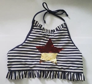 Cat & Jack Girls Blue & White w/Red/Gold Flip Sequin Star Bikini Top, L (10/12) - Picture 1 of 3