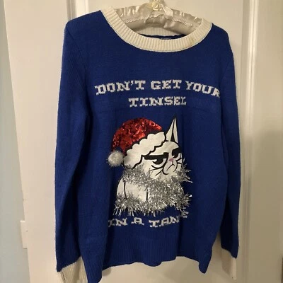 Bongo-Gato Gruñón-Feo Suéter de Navidad-L-Azul Tejido-Oropel-Lentejuelas Sombrero de Santa Foto 1 de 3