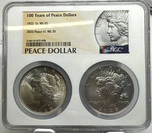 Dollaro della pace 1923 e 2023 2 pezzi NGC MS65/MS70 100 anni di pace dollari - Foto 1 di 6