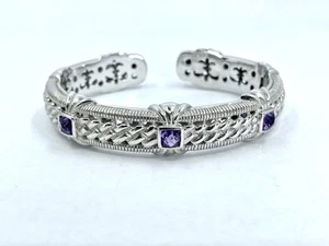 Judith Ripka 925 Sterling Silver Purple Amethyst Cable Hinged Cuff Bracelet 7” - Picture 1 of 5
