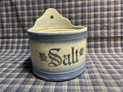 古董石器盐罐,蓝色/白色盐釉,美国农舍/原始装饰 — 第 1/4 张图片
