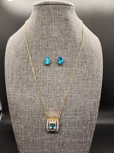 Technibond Blue Topaz Pendant 18k YG Plated Silver w/ 18" Chain & Earrings Set - Picture 1 of 19