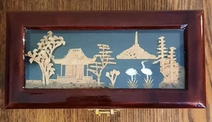 Chinese Music/Jewelry Box~Cork Pagoda And Cranes In Glass Diorama~Red Lining EUC - Picture 1 of 11