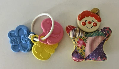 Vintage Playskool Multicolor Teething Ring  & 1982 Cloth/Plastic Clown Rattle - Image 1 of 4