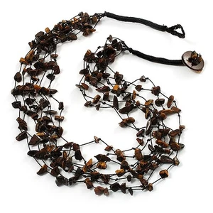 Multistrand Semiprecious Stone Cotton Cord Necklace/ Brown - 56cm L - Picture 1 of 4