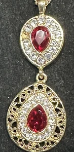 MONET Halskette goldfarben rote Steine & Strass Anhänger Vintage 20" unvollständig - Bild 1 von 14