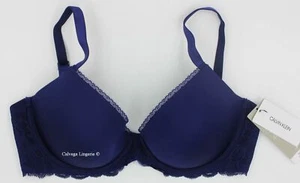 NWT Calvin Klein QF1444 Seductive Comfort T-Shirt Push-Up Lace Bra Navy Blue 34D - Picture 1 of 9