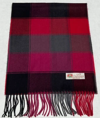 Hombres Mujeres BUFANDA 100% CACHEMIRA Hecha en Inglaterra Suave Cuadros Negro/Gris/Baya #F04 Foto 1 de 3