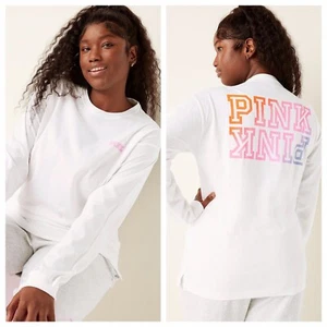 VS VICTORIAS SECRET PINK CAMPUS LONG SLEEVE TEE TOP OPTIC WHITE DIP DYE XXL - Picture 1 of 8