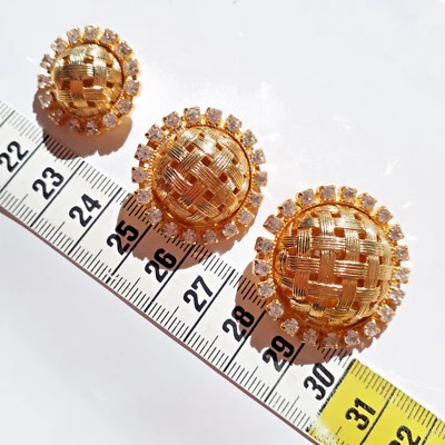 Vintage Glamour Jewelry Button Metal Colour Gold With Crystals Bouton Botón - Image 1 of 2