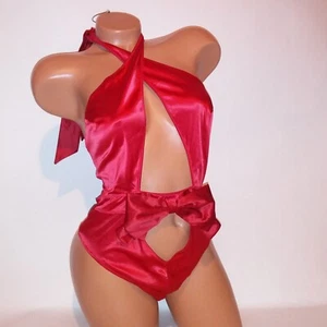 Victoria Secret Lingerie Teddy One Piece Bodysuit Red Bow Satin High Neck Cutout - Picture 1 of 9