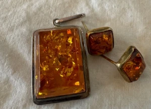 925 Sterling Silver Russian Baltic Amber Rectangular Pendant and Bonus Earrings - Picture 1 of 9
